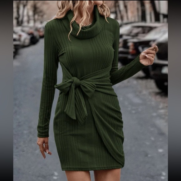 Classic Long Sleeve Cowl Neck Knot Side Wrap Hem Ribbed Dress - Picture 9 of 16